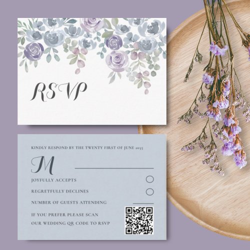 Boho Dusty Blue  Purple Floral Wedding RSVP Enclosure Card