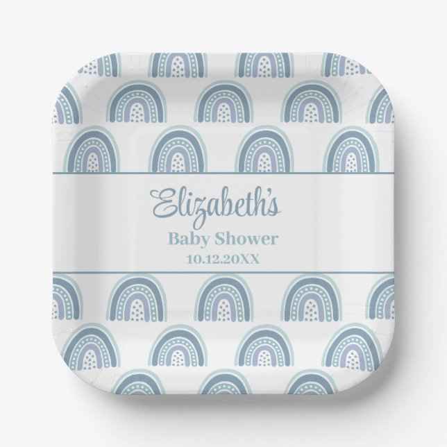 Boho Dusty Blue Rainbow Baby Shower Paper Plates (Front)