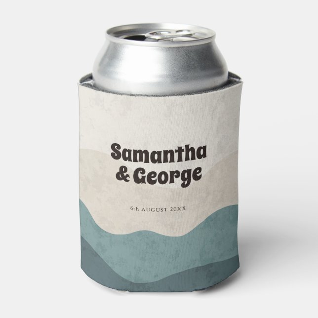 Boho Dusty Blue Retro Typography Wedding Favors Can Cooler (Can Front)