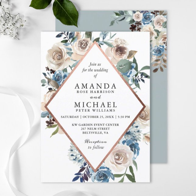 Boho Dusty Blue Rustic Floral Rose Gold Wedding Invitation (Creator Uploaded)