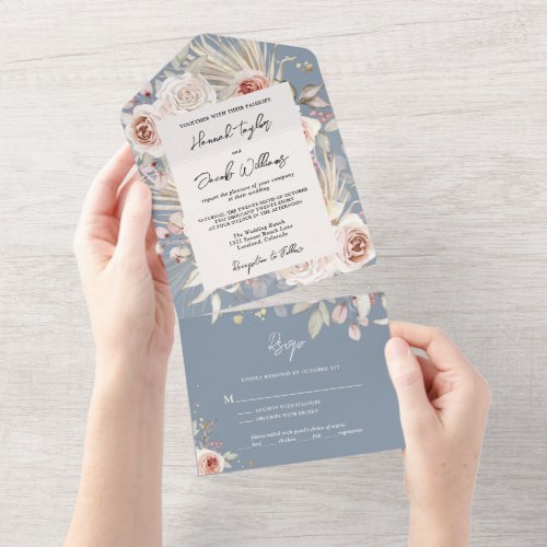 Boho Dusty Blue Rustic Floral with RSVP Wedding All In One Invitation