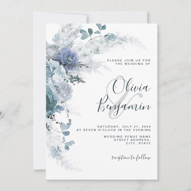 Boho Dusty Blue Slate Pastel Floral Pampas Wedding Invitation (Front)