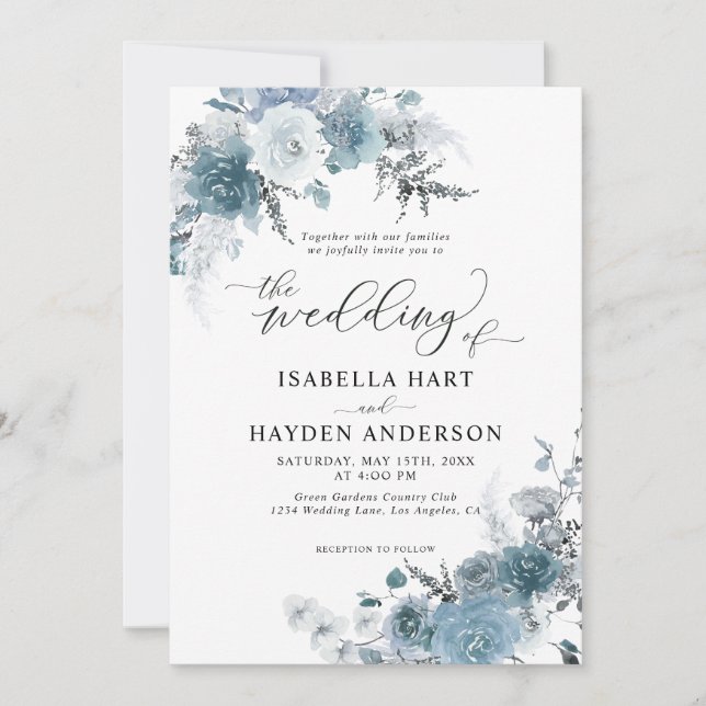 Boho Dusty Blue Slate Pastel Neutral Wedding Invitation (Front)