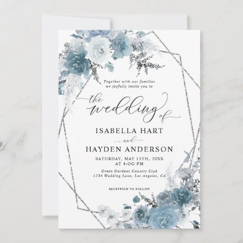 Boho Dusty Blue Slate Pastel Silver Foil Wedding Invitation