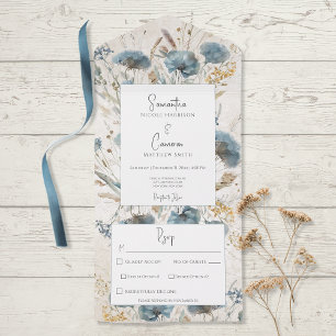 Boho Dusty Blue & Tan Floral Monogram Dinner All In One Invitation
