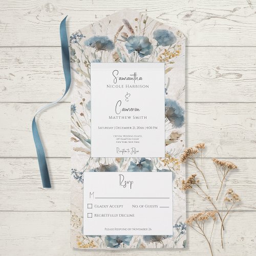 Boho Dusty Blue  Tan Floral Monogram No Dinner All In One Invitation