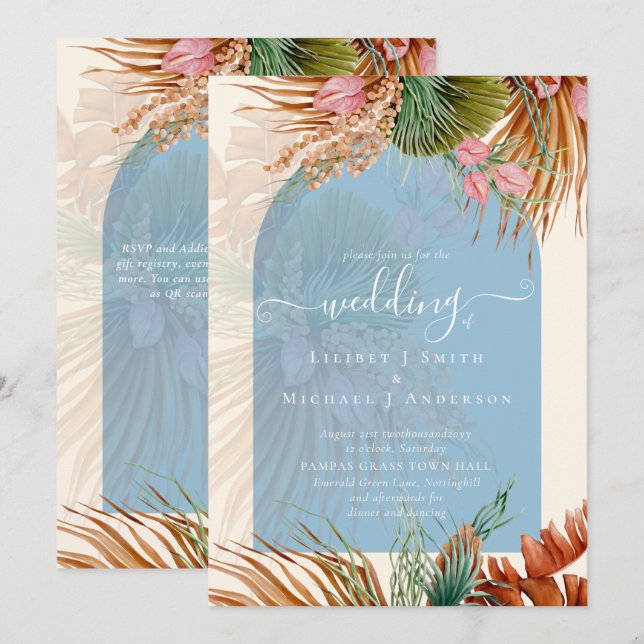 BOHO Dusty Blue Tropical Pampas Grass Wedding Invitation (Front/Back)