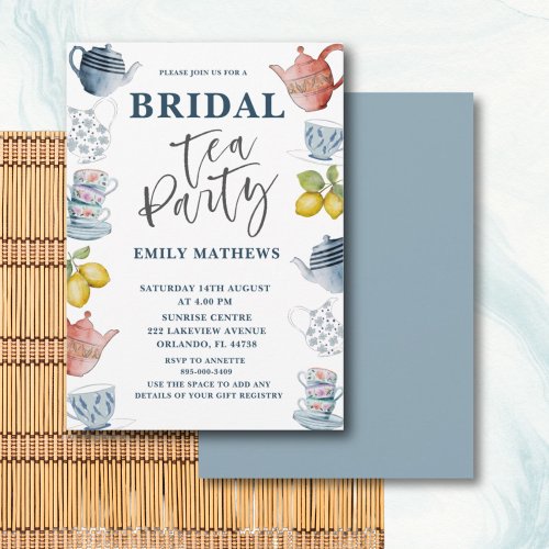 Boho Dusty Blue Watercolor Bridal Tea Party  Invit Invitation
