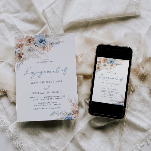 Boho Dusty Blue Watercolor Floral Engagement Party Invitation