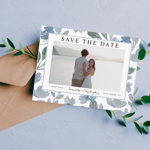 Boho Dusty Blue Watercolor Floral Save the Date Postcard