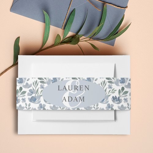 Boho Dusty Blue  Watercolor floral Wedding  Invitation Belly Band