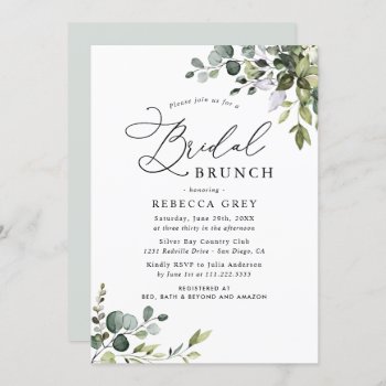 Boho Dusty Blue Watercolor Greenery Bridal Brunch Invitation by PeachBloome at Zazzle