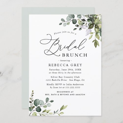 Boho Dusty Blue Watercolor Greenery Bridal Brunch Invitation