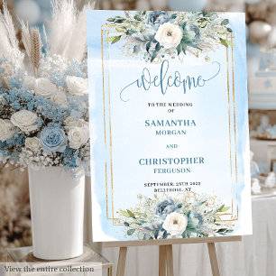 Boho Dusty Blue White Floral Wedding Welcome Sign