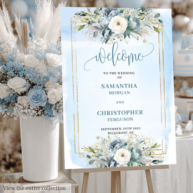 Boho Dusty Blue White Floral Wedding Welcome Sign (Boho Dusty Blue White Floral Wedding Welcome Sign)
