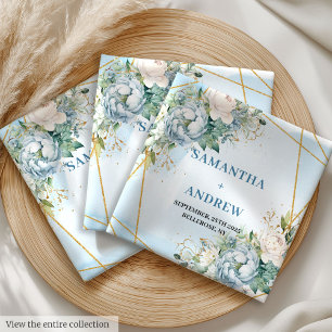 Boho Dusty Blue White Gold Flowers Cloth Napkins