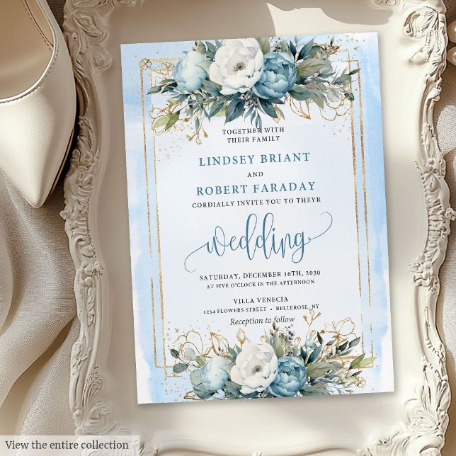 Boho Dusty Blue White Gold Flowers Wedding Invites (Boho Dusty Blue White Gold Flowers Wedding Invitation)