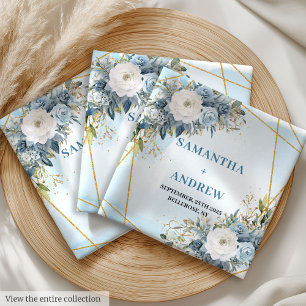 Boho Dusty Blue White Gold Flowers Wedding Napkins