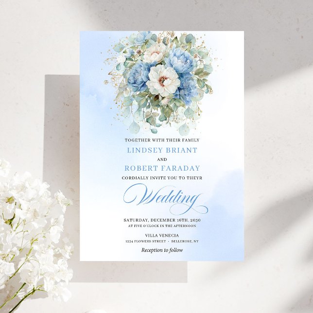 Boho Dusty Blue White Peony Gold Wedding Invite (Boho Dusty Blue White Peony Gold Wedding Invite)