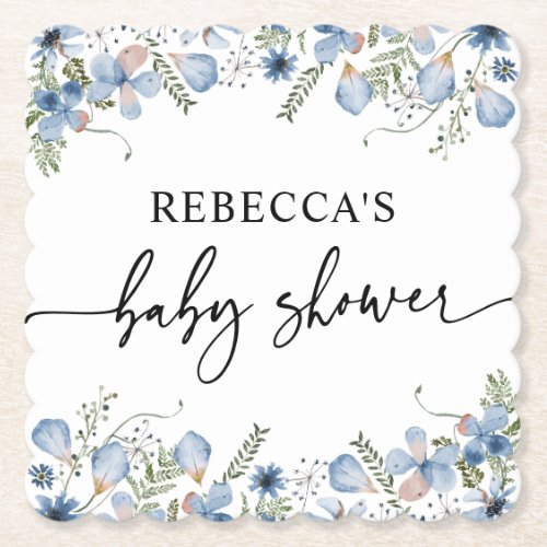 Boho Dusty Blue Wildflowers Baby Shower  Paper Coaster