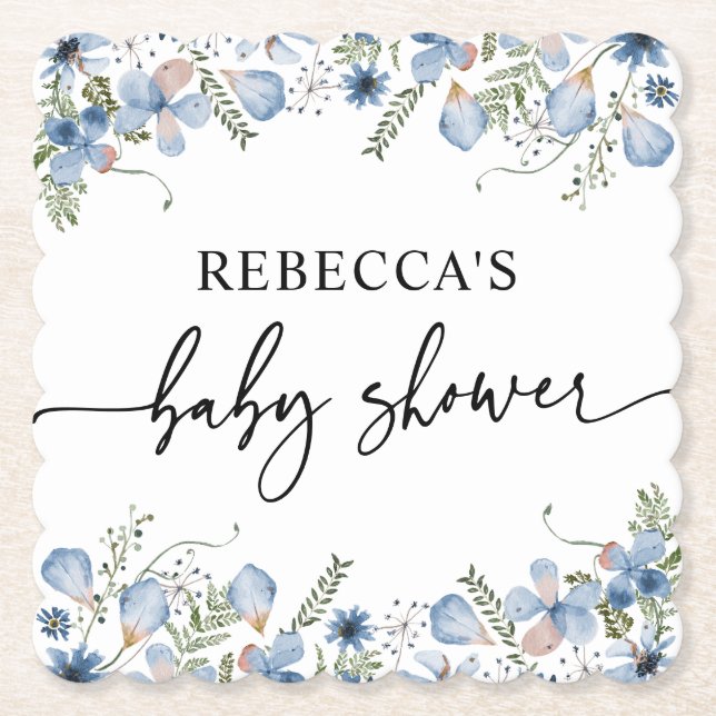 Boho Dusty Blue Wildflowers Baby Shower  Paper Coaster (Front)