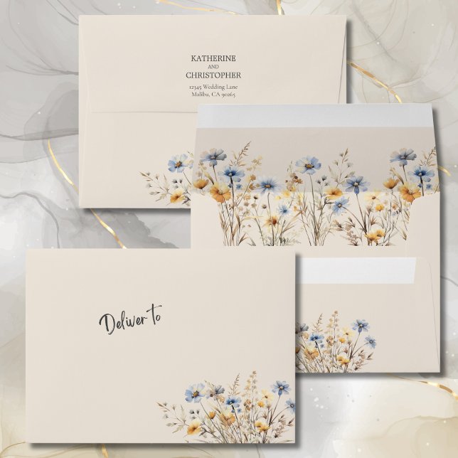 BOHO Dusty Blue Wildflowers Elegant Wedding Envelope (BOHO Wildflower Wedding Invitation Envelope with Watercolor Wildflowers in Dusty Blue and Yellow.)