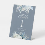 Boho Dusty Blue Wildflowers Wedding Table Number Pedestal Sign