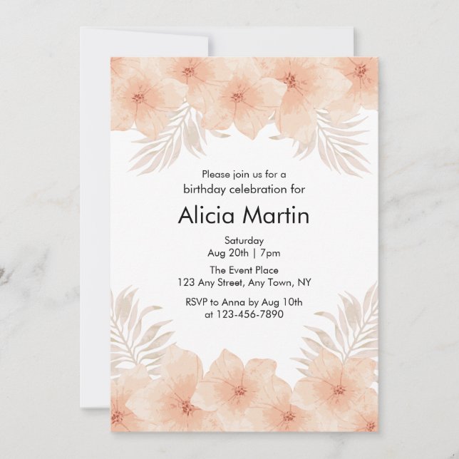 Boho Dusty Blush Flower Palm Leaf Birthday Invitation (Front)