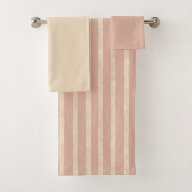 Boho Dusty Blush Pink and Cream Stripes Bath Towel Set (Insitu)