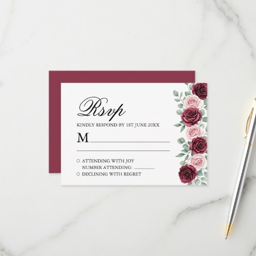 Boho Dusty Burgundy Blush Rose Floral Wedding RSVP Card