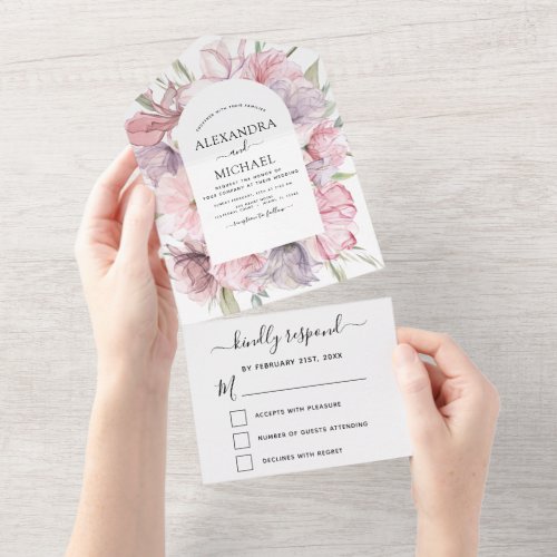 Boho Dusty Floral Pink Purple Wedding RSVP All In One Invitation