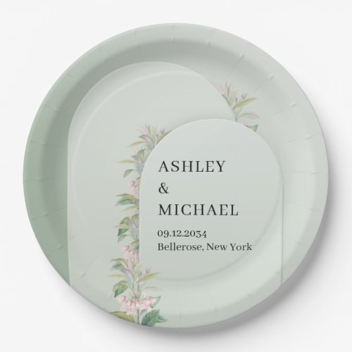 Boho dusty green arch spring blush flowers paper plates