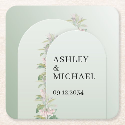 Boho dusty green arch spring blush flowers square paper coaster