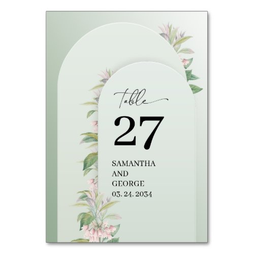 Boho dusty green arch spring blush flowers table number