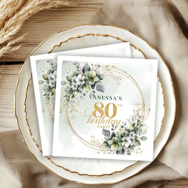 Boho Dusty Green Botanical 80th Birthday Napkins (Boho Dusty Green Botanical 80th Birthday Napkins)