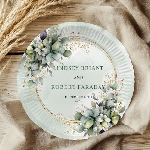 Boho Dusty Green Custom Name Botanical Wedding   Paper Plates