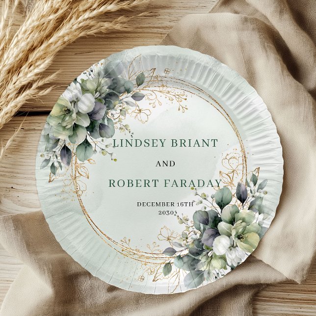 Boho Dusty Green Custom Name Foliage Wedding Plate (Boho Dusty Green Custom Name Foliage Wedding Plates)