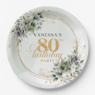 Boho Dusty Green Eucalyptus 80th Birthday Party Paper Plates