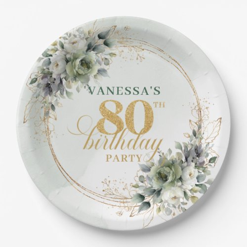 Boho Dusty Green Eucalyptus 80th Birthday Party  Paper Plates
