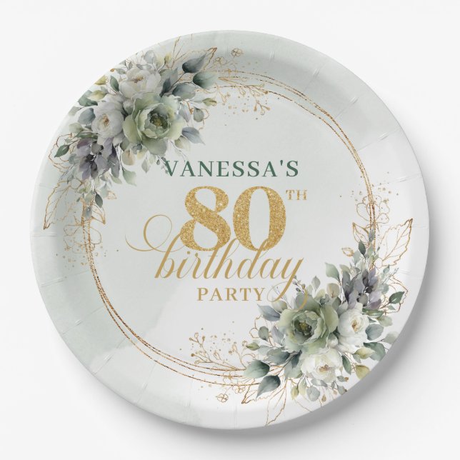 Boho Dusty Green Eucalyptus 80th Birthday Party  Paper Plates (Front)