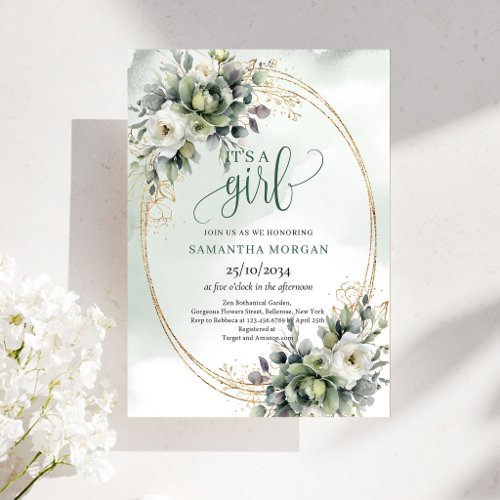Boho Dusty Green Eucalyptus Design It’s A Girl Invitation