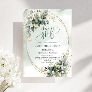 Boho Dusty Green Eucalyptus Leaves It’s A Girl Invitation