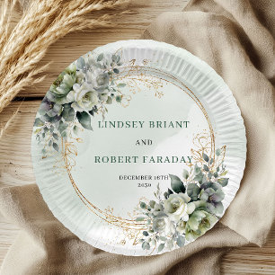 Boho Dusty Green Eucalyptus Watercolor Wedding Paper Plates