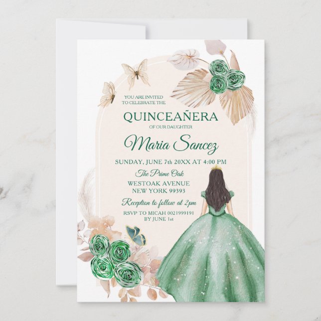 Boho Dusty Green Floral Mexican Girl Quinceañera Invitation (Front)