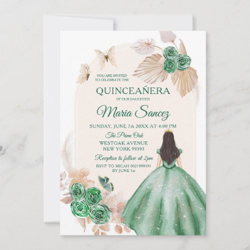 Boho Dusty Green Floral Mexican Girl Quinceaera Invitation