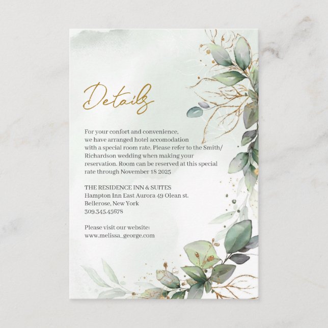 Boho dusty green leaves gold frames details  enclosure card (Front)