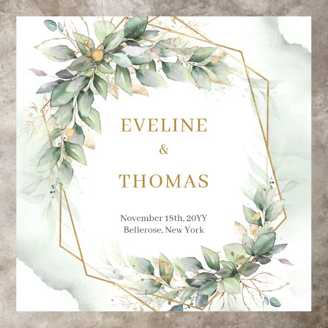 Boho dusty green leaves gold frames wedding floor decals (Insitu)