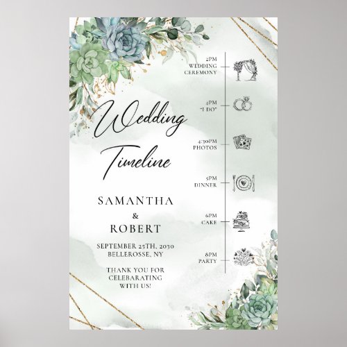 Boho Dusty green succulents gold wedding Timeline Poster