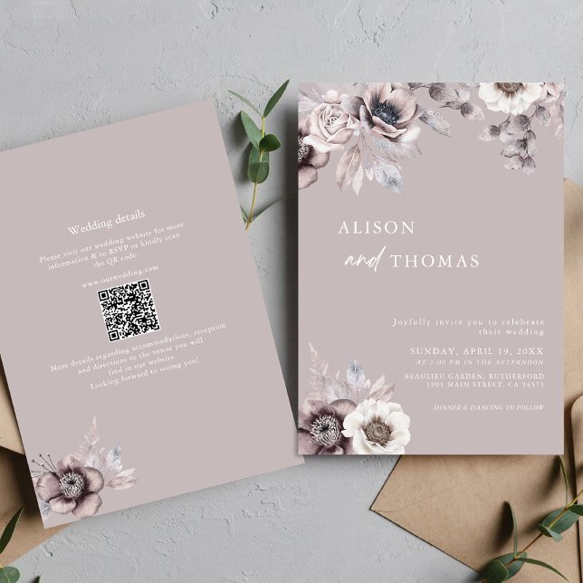 Boho Dusty Mauve QR Code 2 in 1 Wedding  Invitation (Creator Uploaded)