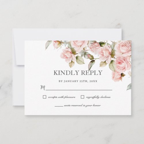 Boho Dusty Pale Pink Roses Floral Greenery Wedding RSVP Card